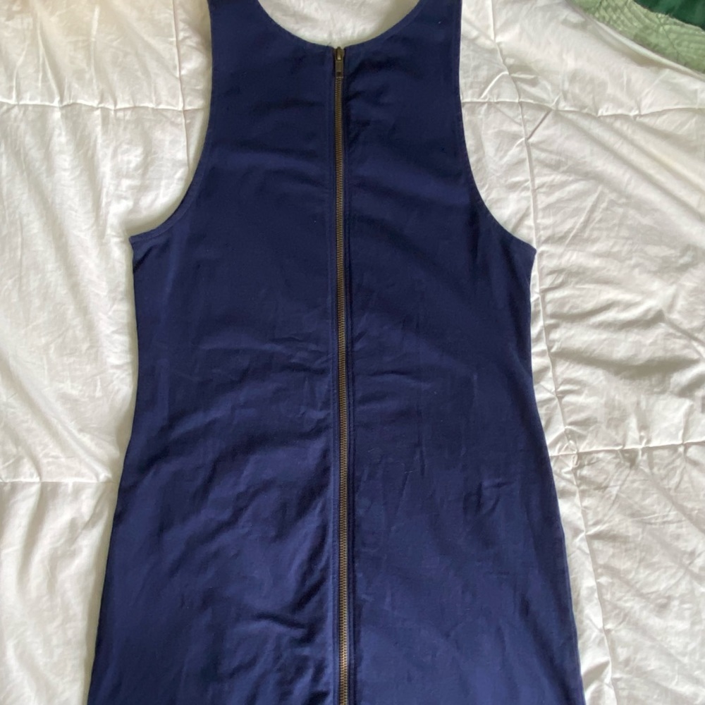 Super cute dark navy mini dress with copper zipper in back.